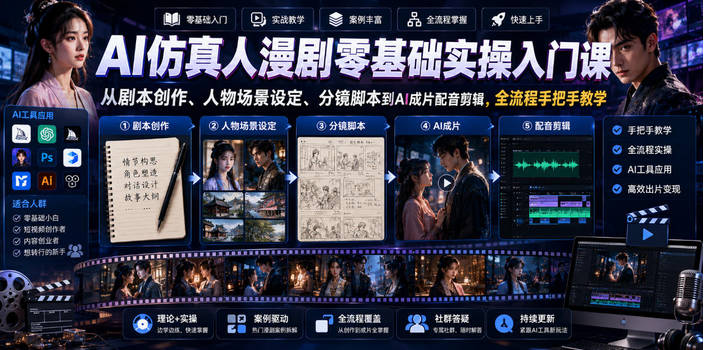 AI仿真人漫剧零基础实操入门课，从剧本创作、人物场景设定、分镜脚本到AI成片配音剪辑，全流程手把手教学