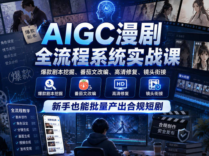 AIGC漫剧全流程系统实战课，爆款剧本挖掘、番茄文改编、高清修复、镜头衔接，新手也能批量产出合规短剧