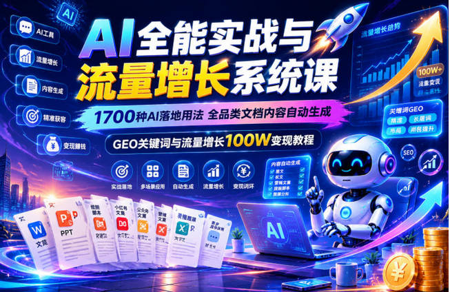 AI全能实战与流量增长系统课，1700种AI落地用法，全品类文档内容自动生成，GEO关键词与流量增长100W变现教程