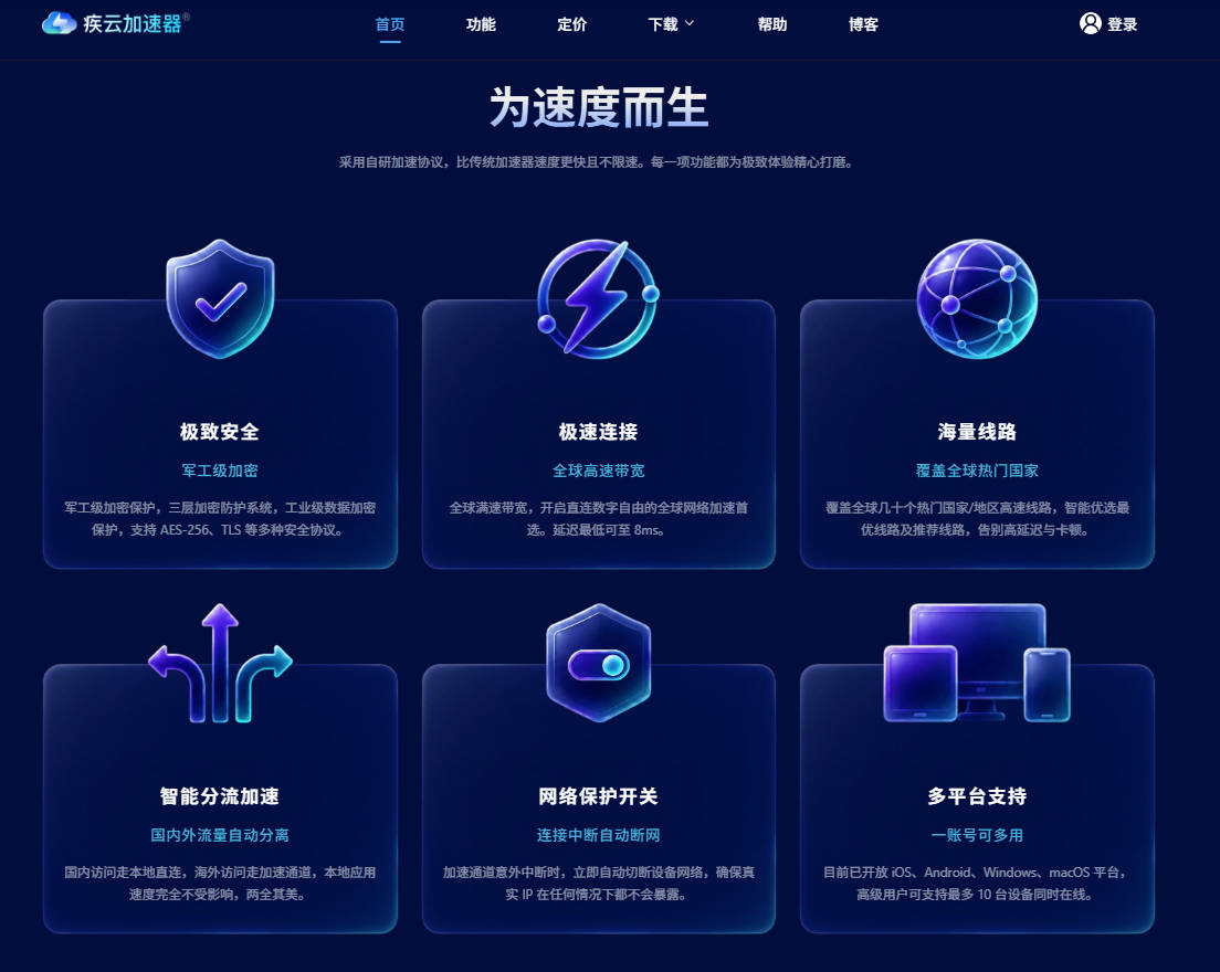 疾云加速器注册即送 VIP !支持全球高速节点,一键连接,稳定低延迟,不限速,畅享流畅网络体验