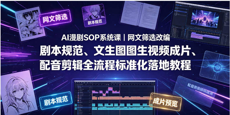 AI漫剧SOP系统课｜网文筛选改编、剧本规范、文生图图生视频成片、配音剪辑全流程标准化落地教程