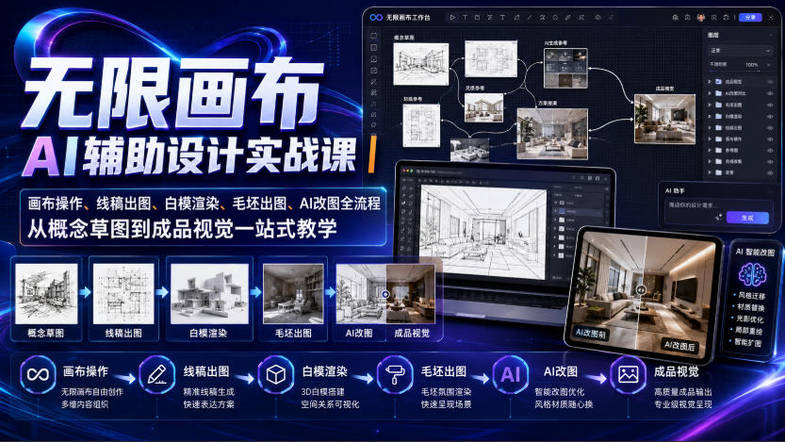 无限画布AI辅助设计实战课｜画布操作、线稿出图、白模渲染、毛坯出图、AI改图全流程，从概念草图到成品视觉一站式教学