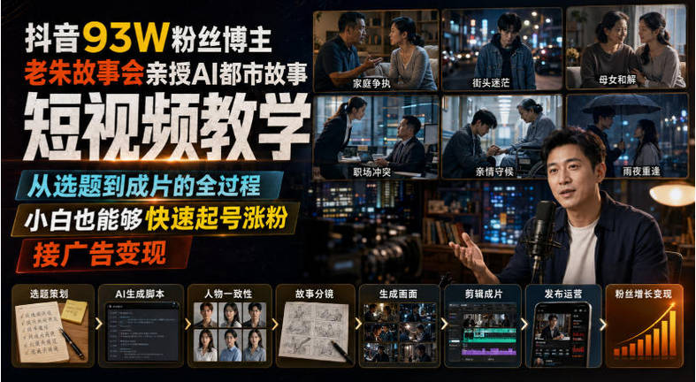 抖音93W粉丝博主老朱故事会亲授AI都市故事短视频教学，从选题到成片的全过程，小白也能够快速起号涨粉接广告变现