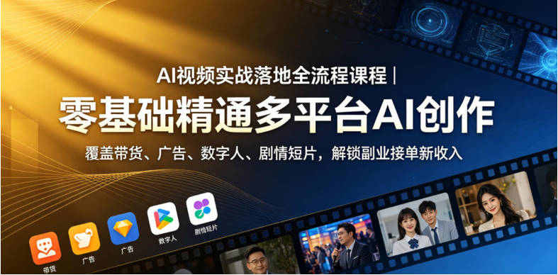 AI视频实战落地全流程课程｜零基础精通多平台AI创作，覆盖带货、广告、数字人、剧情短片，解锁副业接单新收入