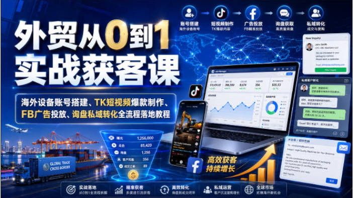 外贸从0到1实战获客课｜海外设备账号搭建、TK短视频爆款制作、FB广告投放、询盘私域转化全流程落地教程