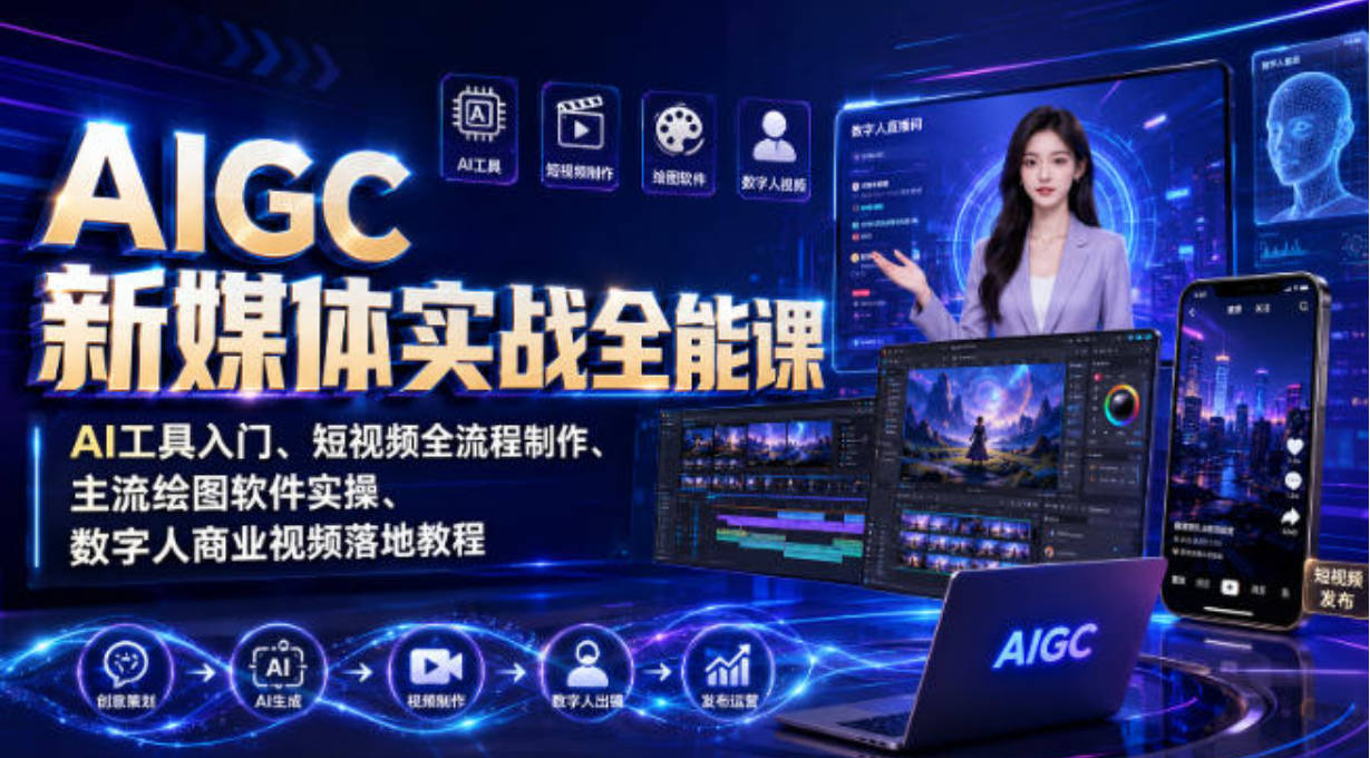 AIGC新媒体实战全能课｜AI工具入门、短视频全流程制作、主流绘图软件实操、数字人商业视频落地教程