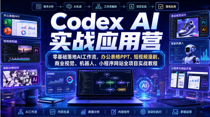 Codex AI实战应用营｜零基础落地AI工作流，办公表格PPT、短视频漫剧、商业视觉、机器人、小程序网站全项目实战教程