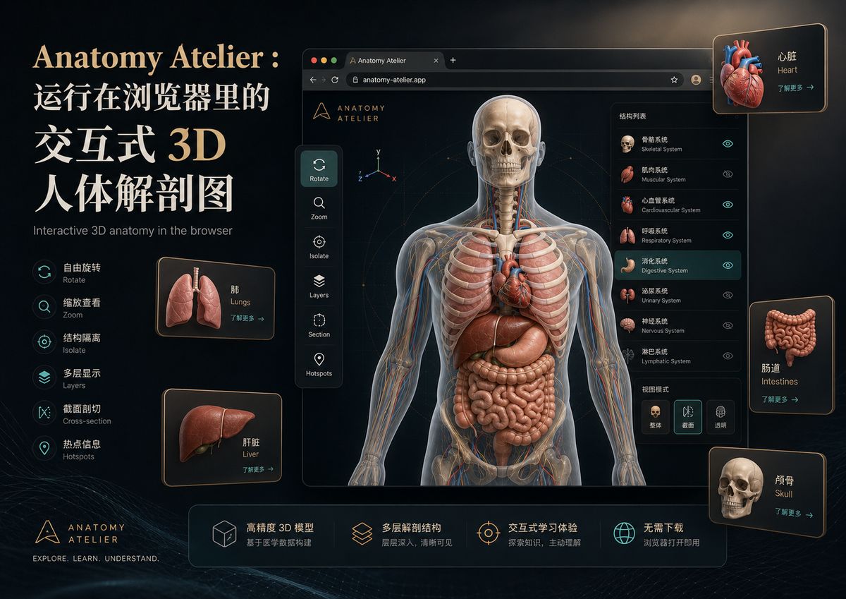 Anatomy Atelier：运行在浏览器里的交互式 3D 人体解剖图