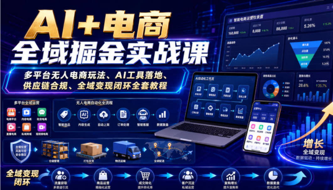 AI+电商全域掘金实战课｜多平台无人电商玩法、AI工具落地、供应链合规、全域变现闭环全套教程