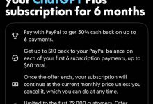 PayPal 提供 50% ChatGPT Plus订阅返现，最多6笔（共$60）