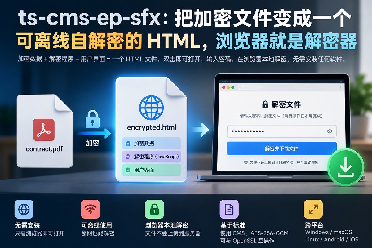 ts-cms-ep-sfx：把加密文件变成一个可离线自解密的 HTML，浏览器就是解密器