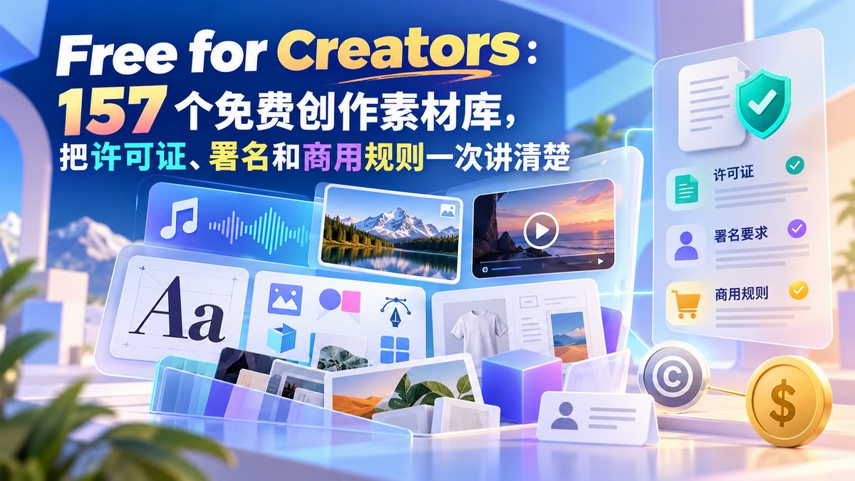 Free for Creators：157 个免费创作素材库，把许可证、署名和商用规则一次讲清楚
