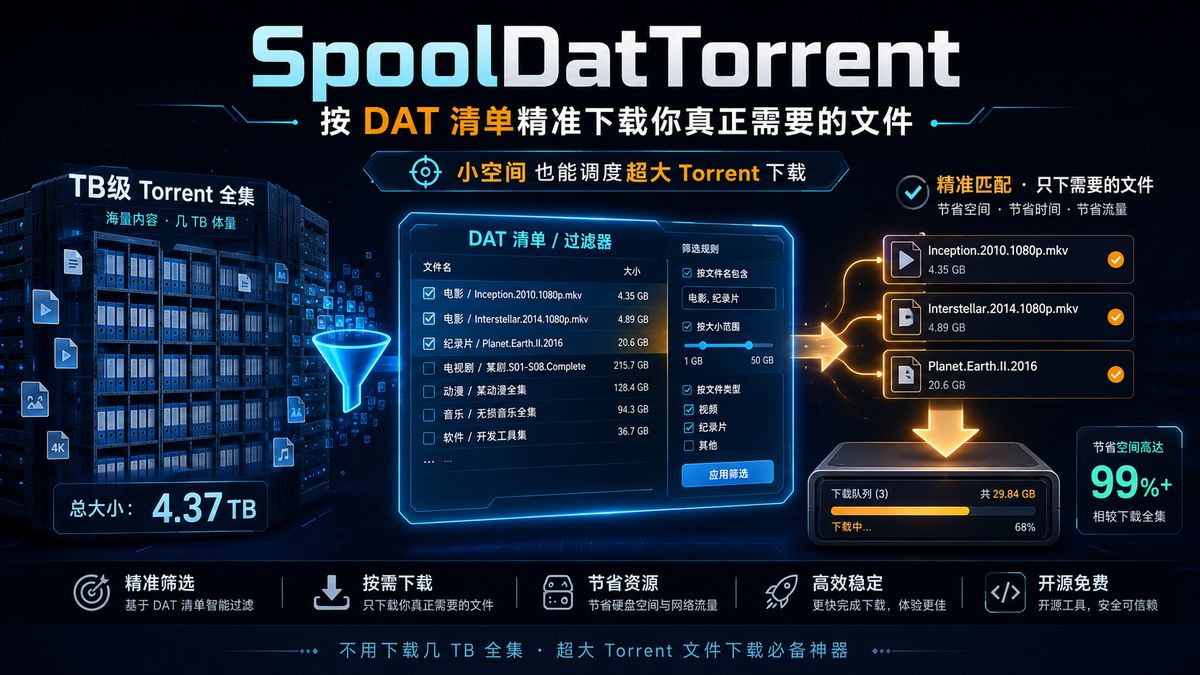 SpoolDatTorrent：不用下载几 TB 全集，按 DAT 清单精准下载你真正需要的文件，超大Torrent文件下载必备神器