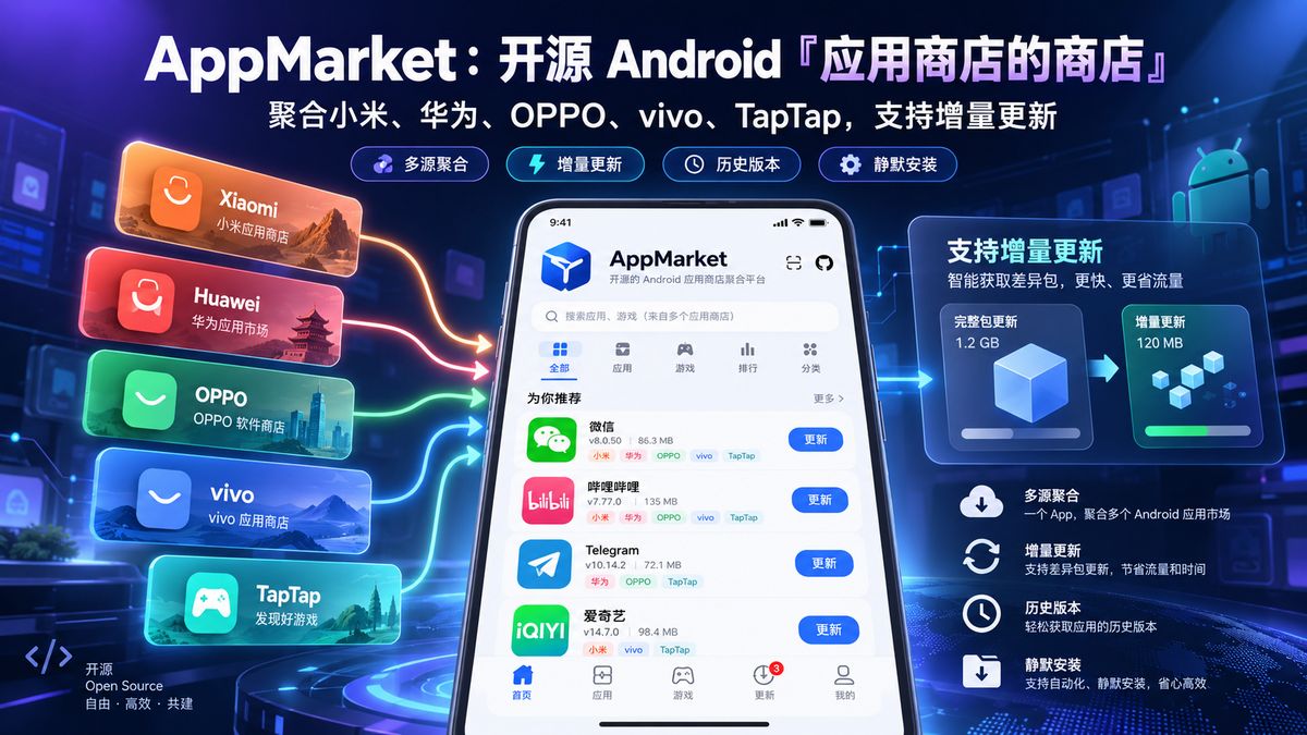 AppMarket：开源 Android「应用商店的商店」，聚合小米、华为、OPPO、vivo、TapTap，支持增量更新