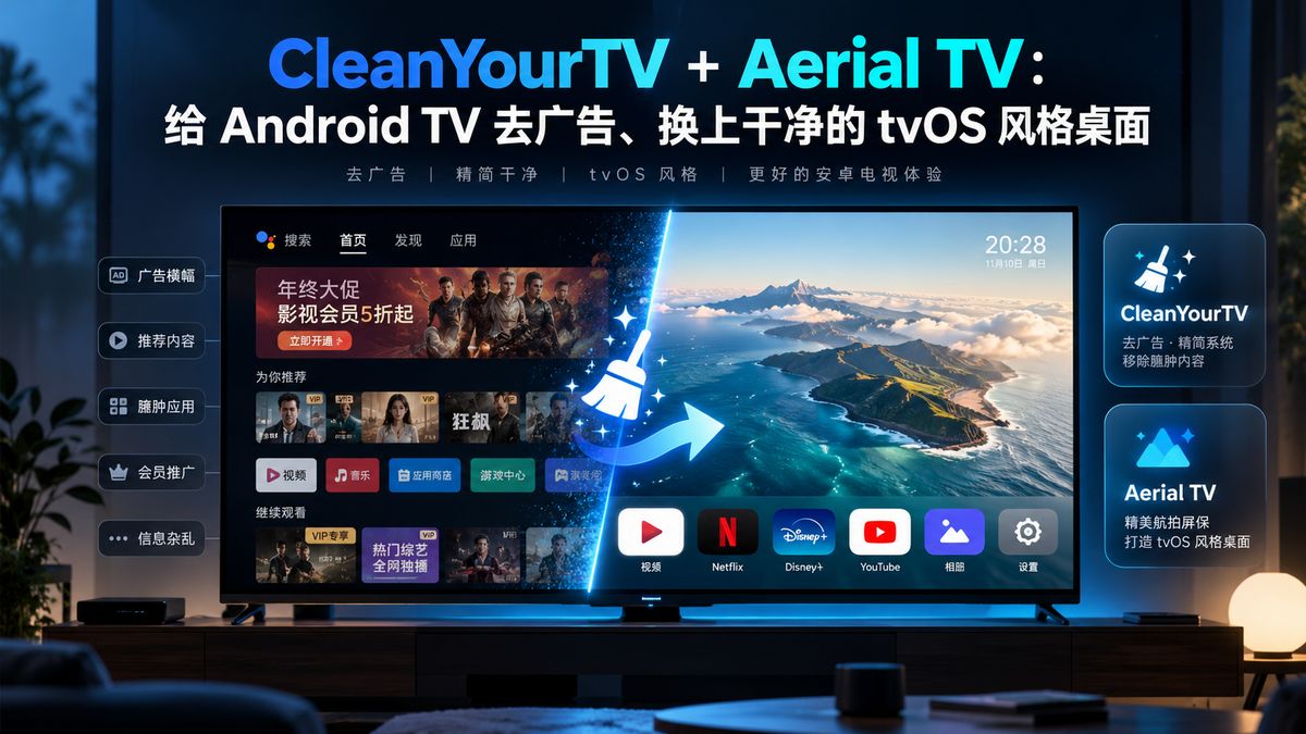 CleanYourTV + Aerial TV：给 Android TV 去广告、换上干净的 tvOS 风格桌面