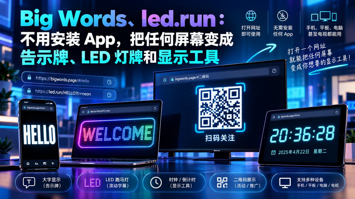 Big Words、led.run：不用安装 App，把任何屏幕变成告示牌、LED 灯牌和显示工具