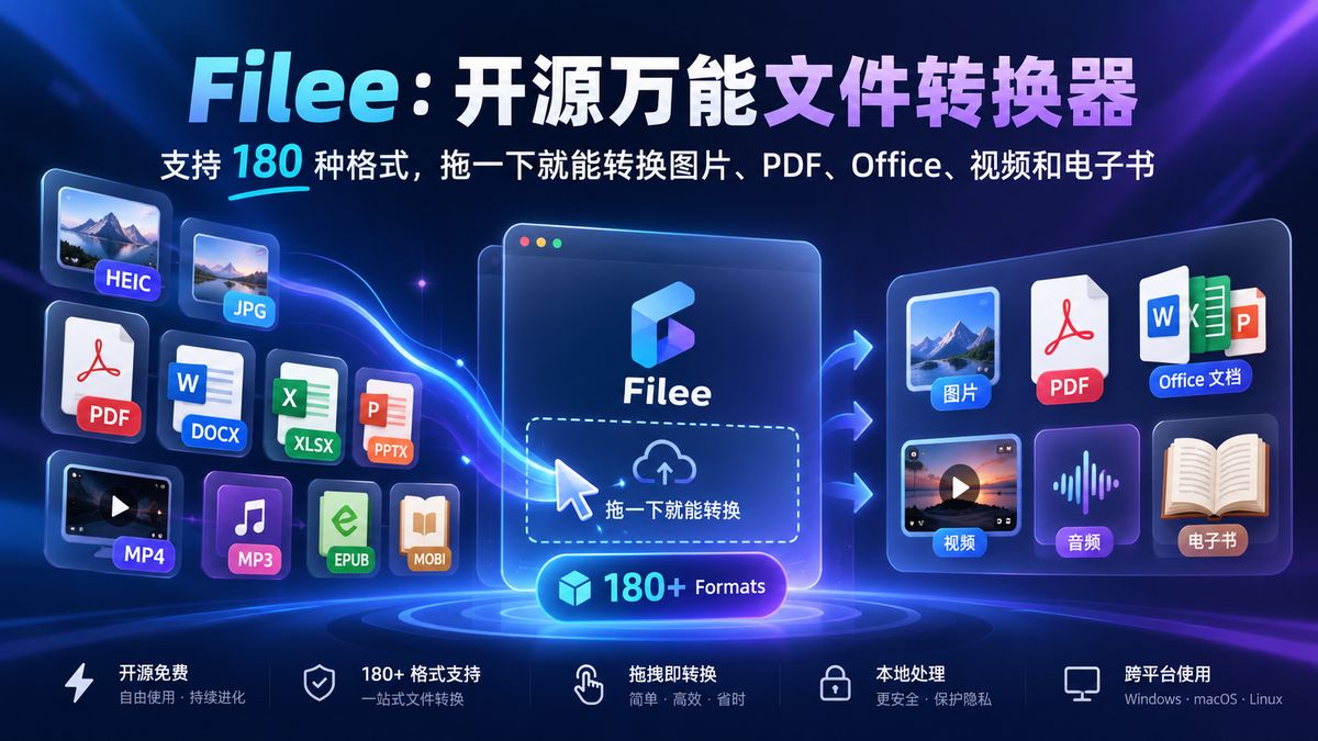 Filee：开源万能文件转换器，支持 180 种格式，拖一下就能转换图片、PDF、Office、视频和电子书