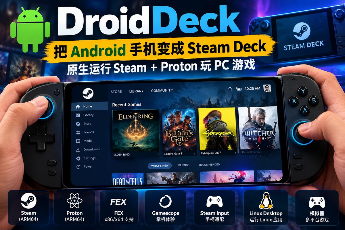 DroidDeck：把 Android 手机变成 Steam Deck，原生运行 Steam + Proton 玩 PC 游戏