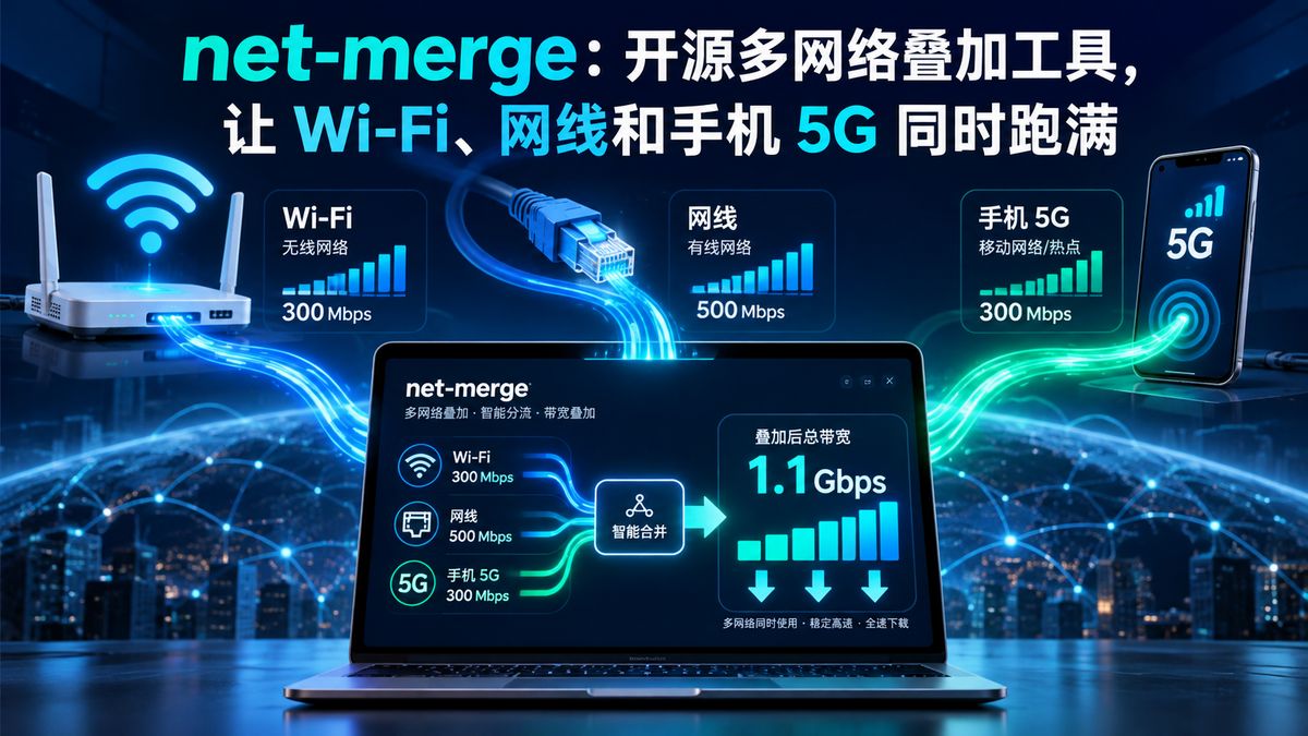 net-merge：开源多网络叠加工具，让 Wi-Fi、网线和手机 5G 同时跑满