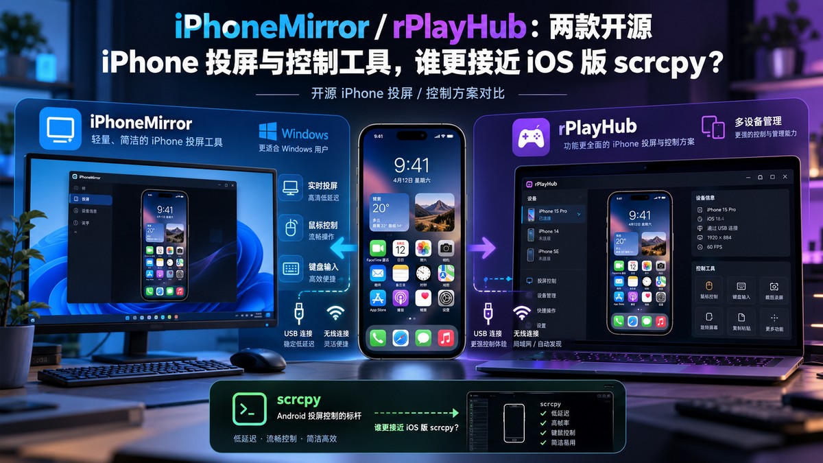 iPhoneMirror / rPlayHub：两款开源 iPhone 投屏与控制工具，谁更接近 iOS 版 scrcpy？